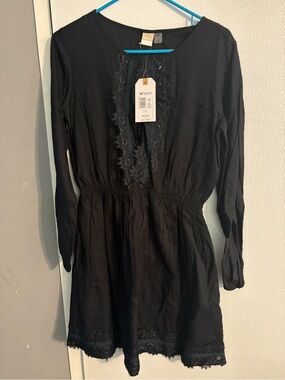 Roxy Navy Long Sleeve Lace-Trim Mini Dress